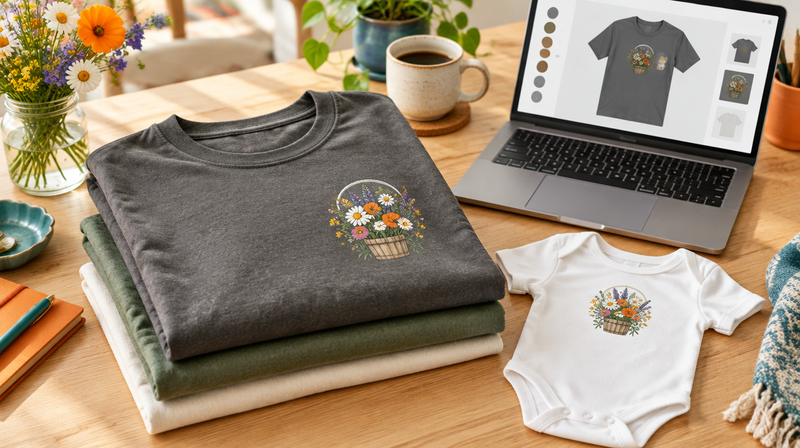 Stack of custom printed Comfort Colors t-shirts and a baby onesie with a small business logo next to a laptop showing the online t-shirt designer