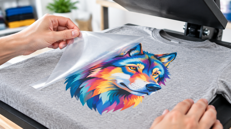 Hands peeling the film off a freshly pressed DTF transfer on a grey t-shirt