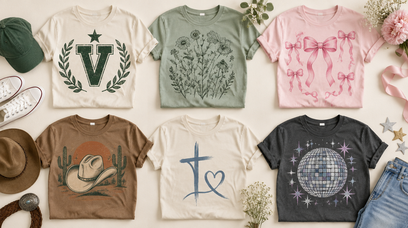 Six graphic t-shirts in trending design styles laid out in a grid