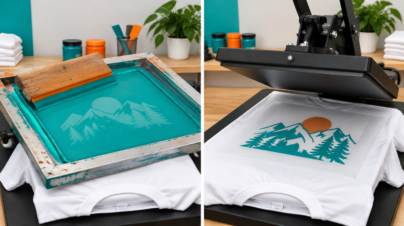 Screen printing frame and squeegee beside a DTF transfer being heat pressed