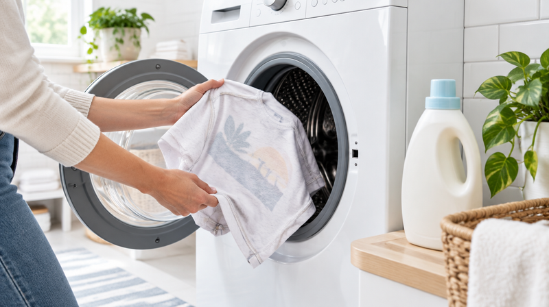 Printed t-shirt turned inside out being loaded into a washing machine