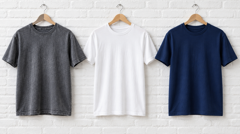 Three blank t-shirts on hangers: heavyweight garment-dyed, soft retail fit and classic cotton
