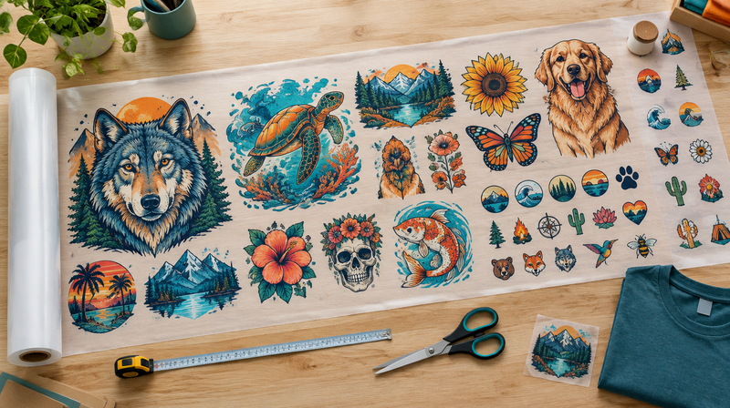 Long DTF gang sheet filled with colorful designs of different sizes unrolled on a wooden table beside a measuring tape and scissors