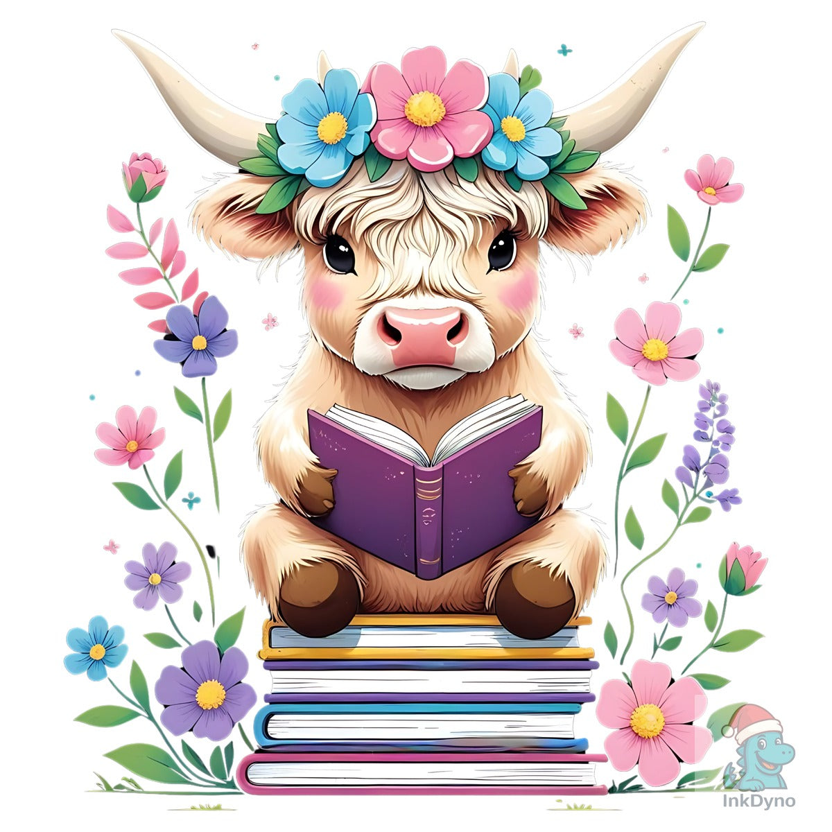 Cute Reading Highland Cow Floral Book