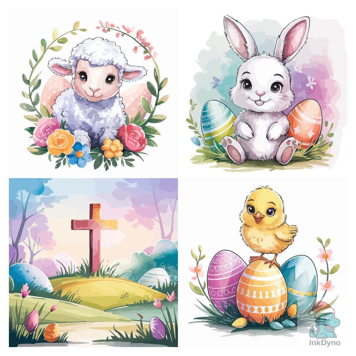 Cute Easter Bunny Lamb Chick & Cross Wat