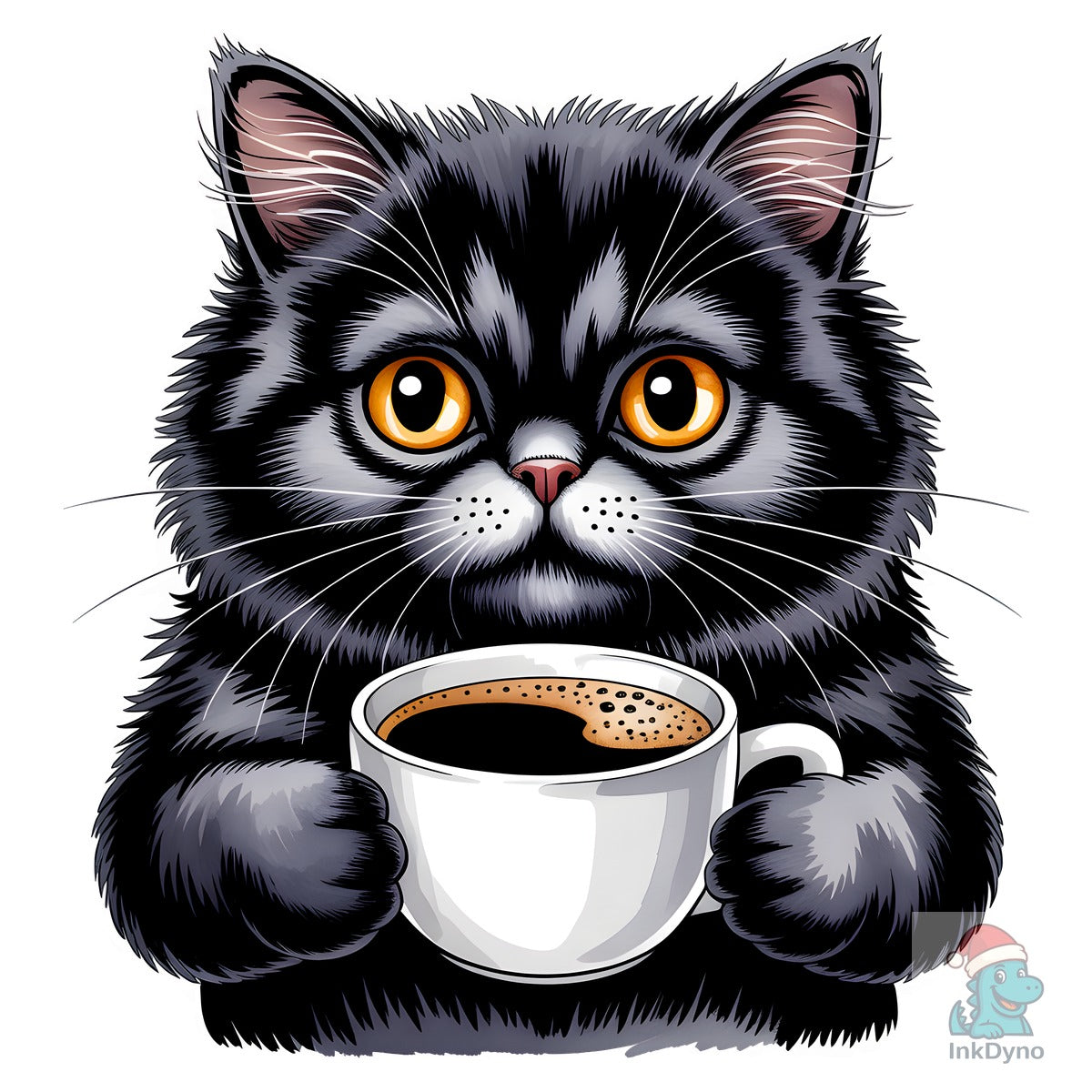 Watercolor Black Cat with Coffee Cup