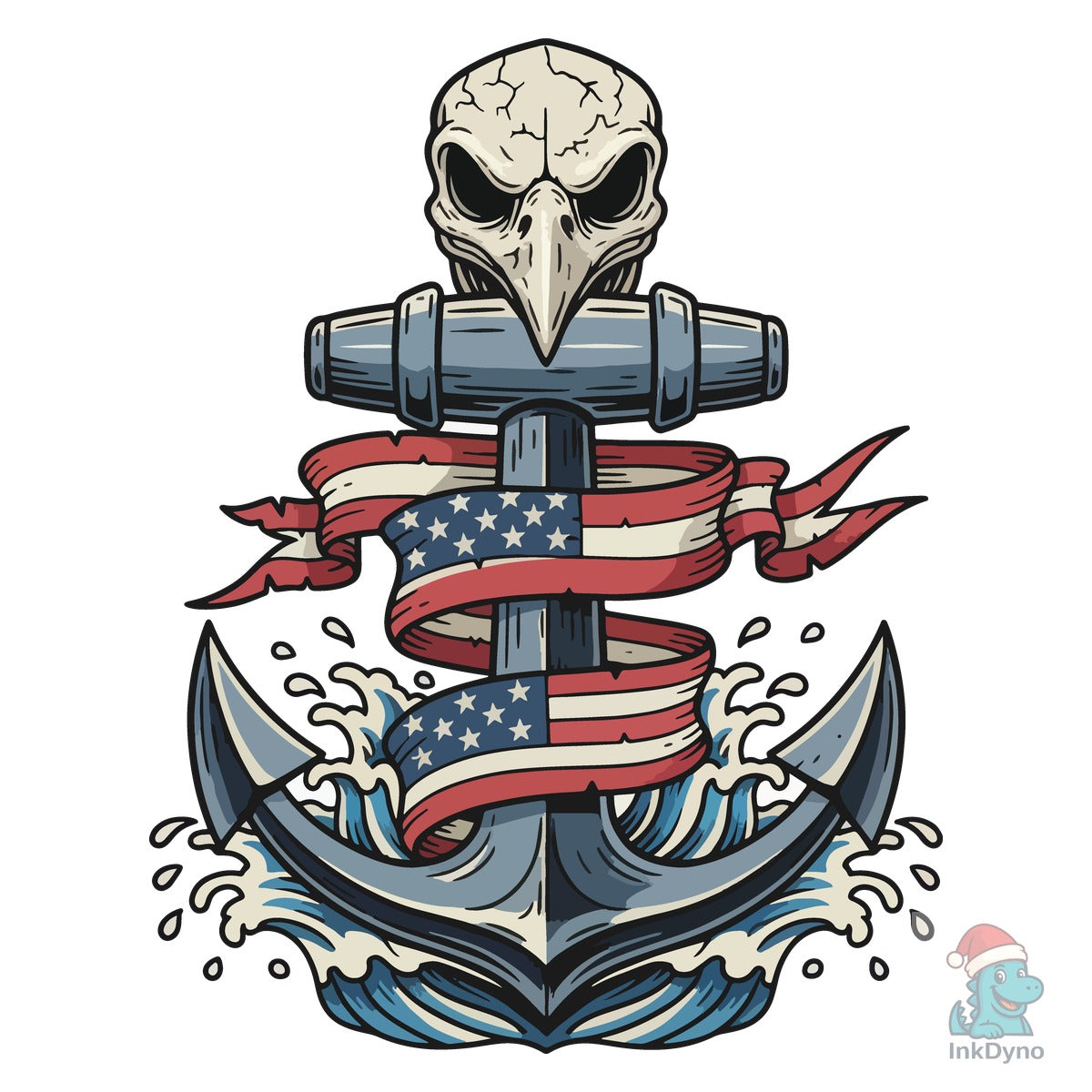 Anchor with Bird Skull and American Flag