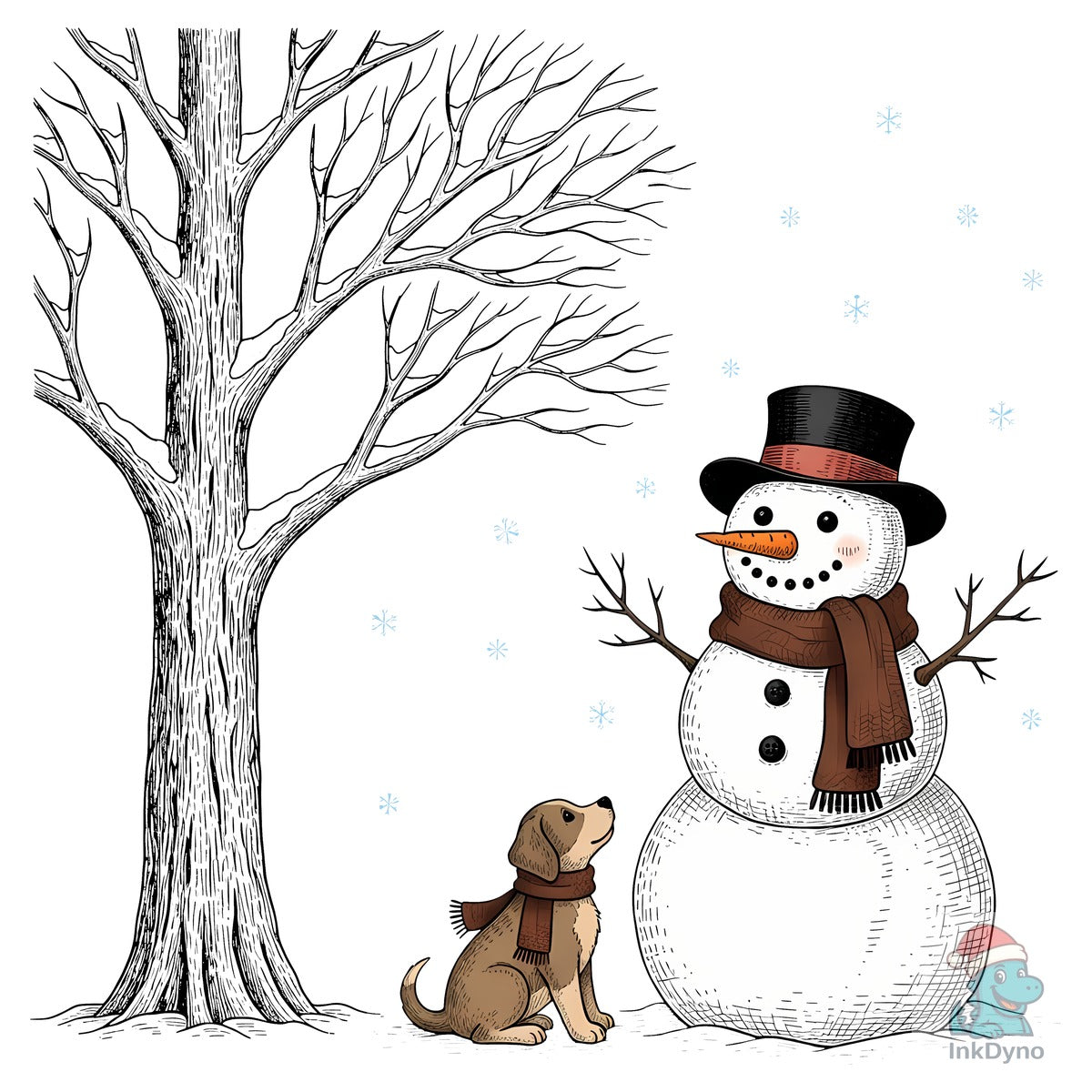 Winter Snowman and Dog Snow Scene
