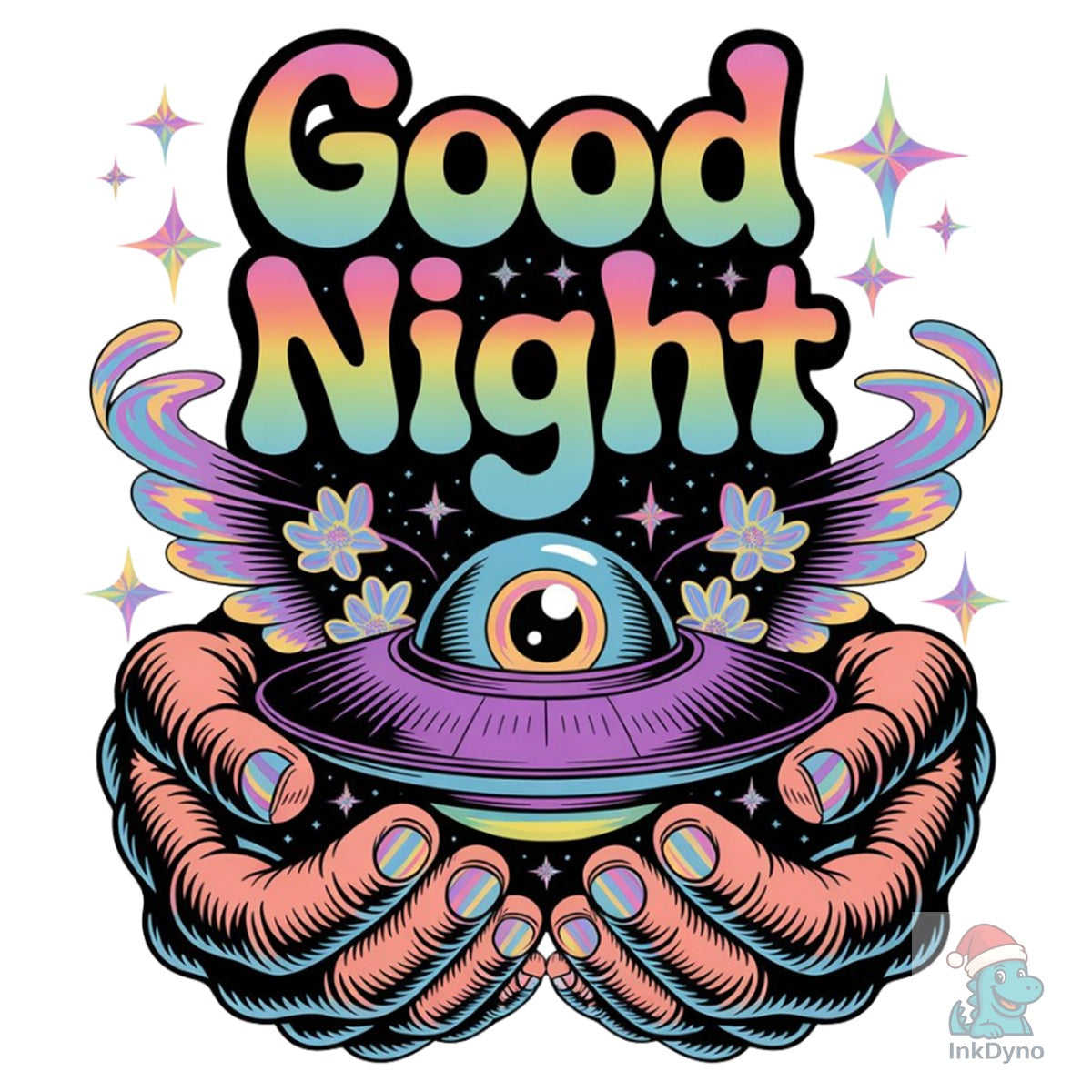 Good Night Text with UFO & Cosmic Hands