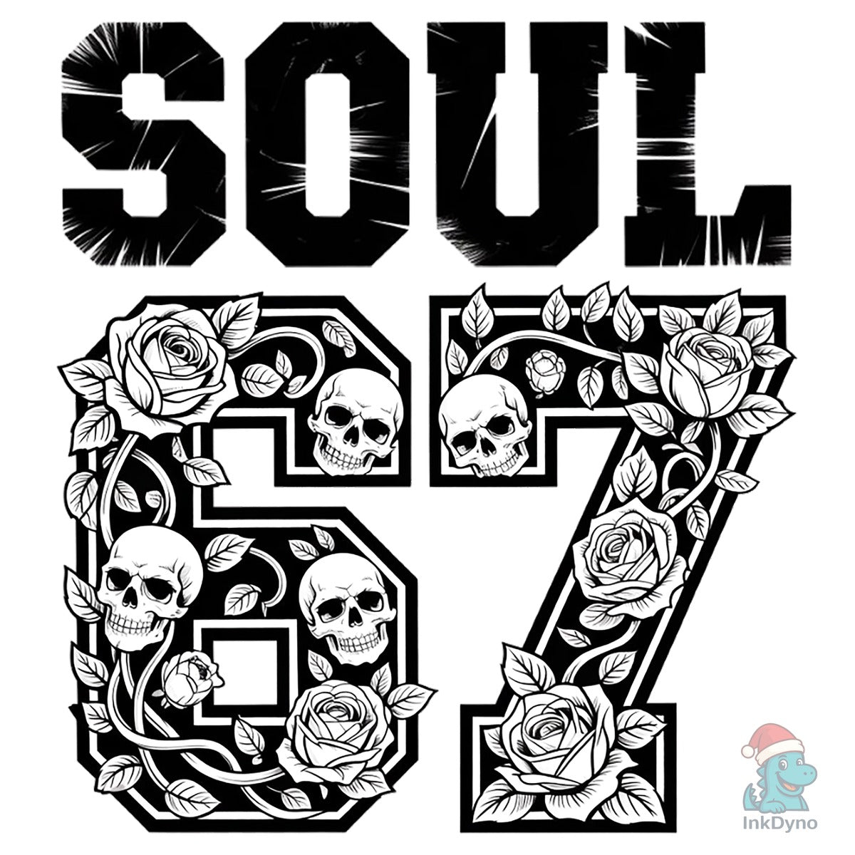 Gothic Number 67 with Skulls and Roses