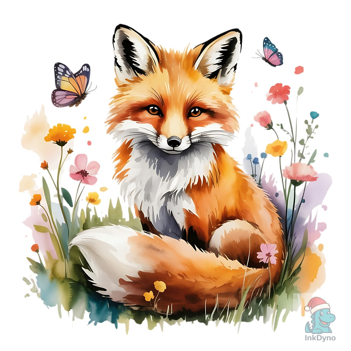 Watercolor Fox with Flowers Spring