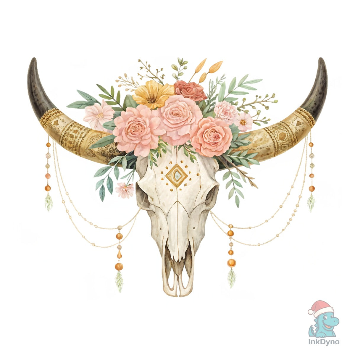 Rose Flowers Western Bull Skull Longhorn