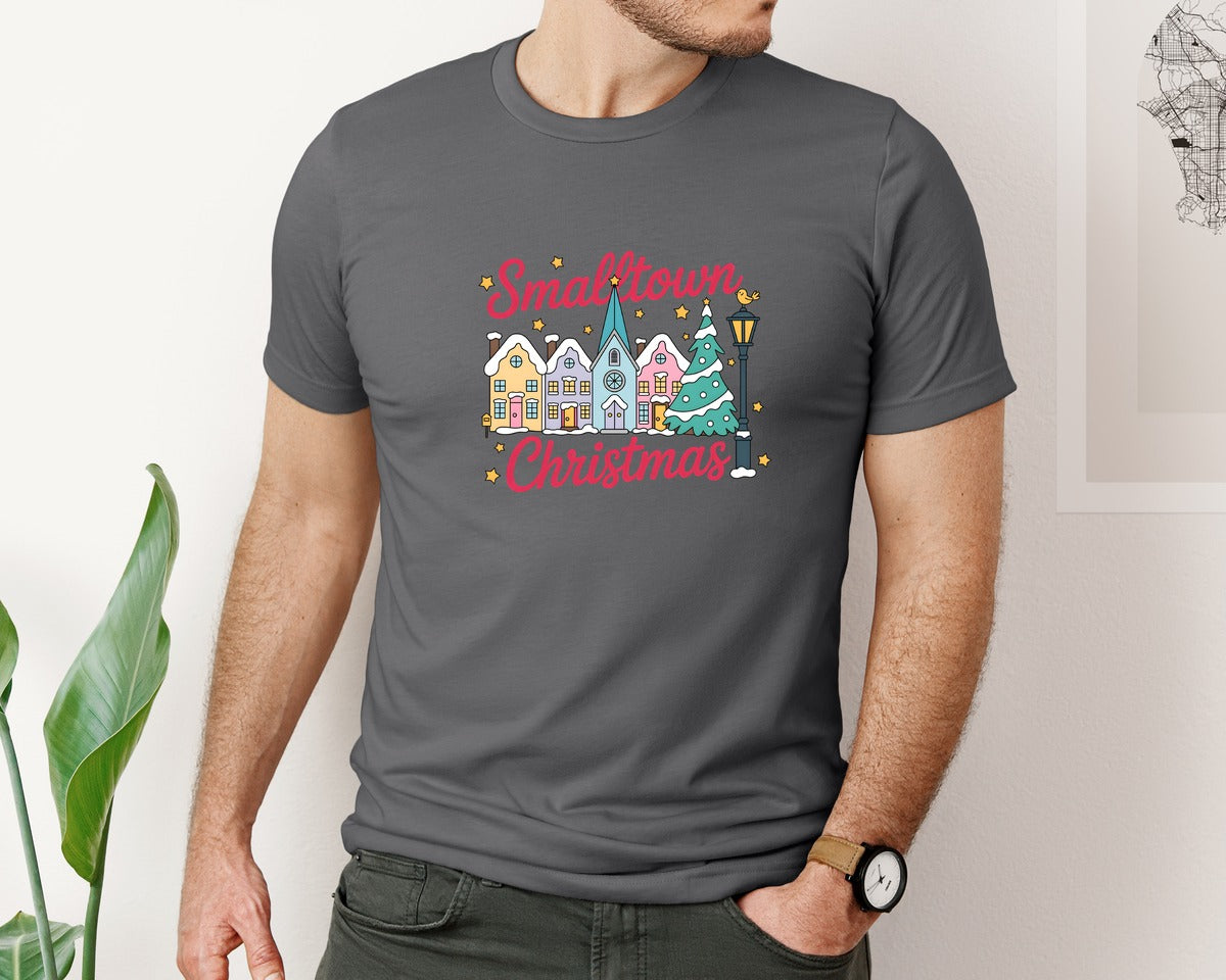 brand:Bella Canvas|color:Asphalt|Small Town Christmas Pink Christmas 2 Graphic T-Shirt