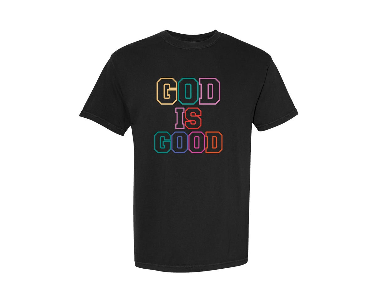 brand:Comfort Colors|color:Black|Doodle God Is Good Preppy Retro Chr Graphic T-Shirt