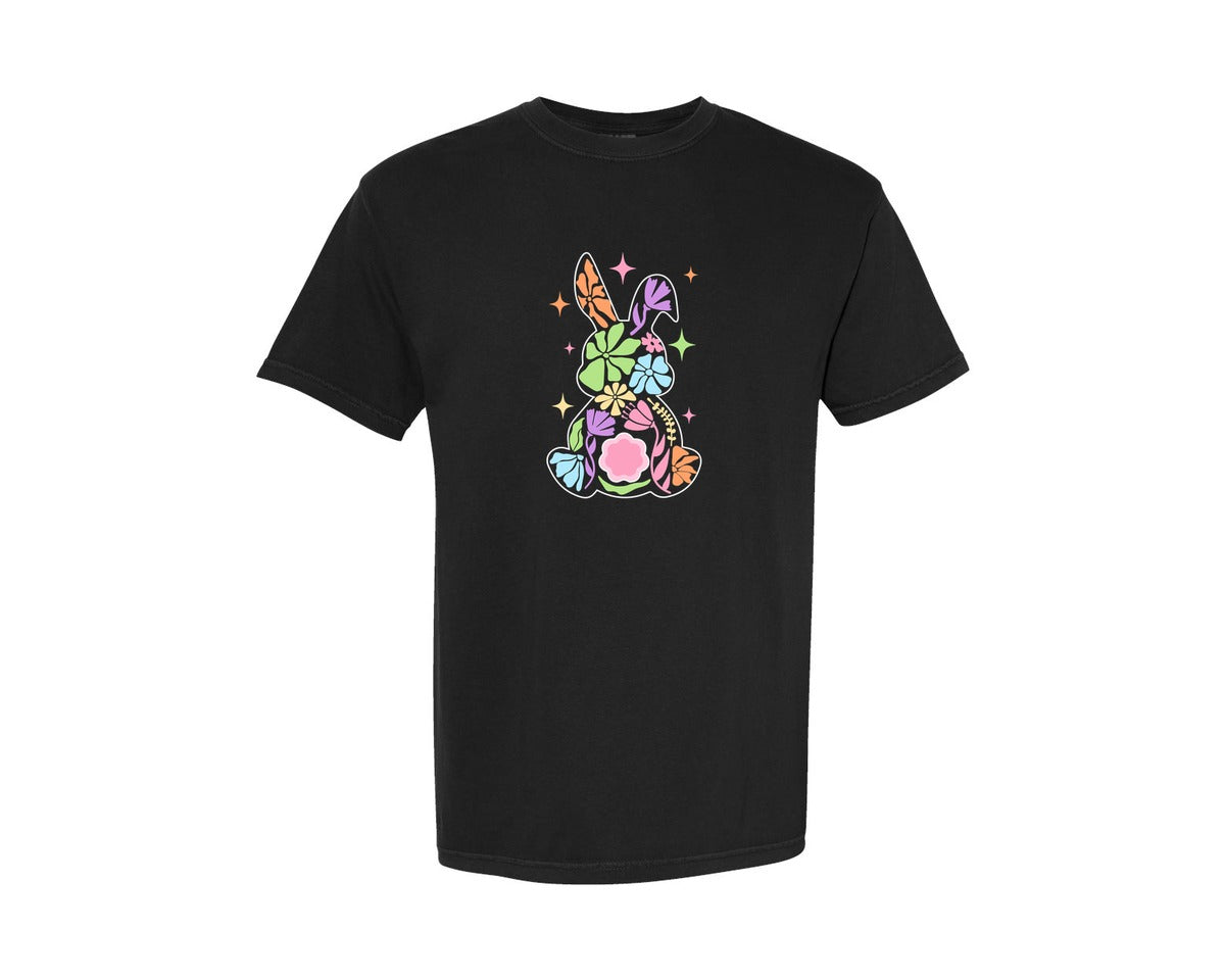 brand:Comfort Colors|color:Black|Floral Easter Bunny Silhouette 8 Graphic T-Shirt
