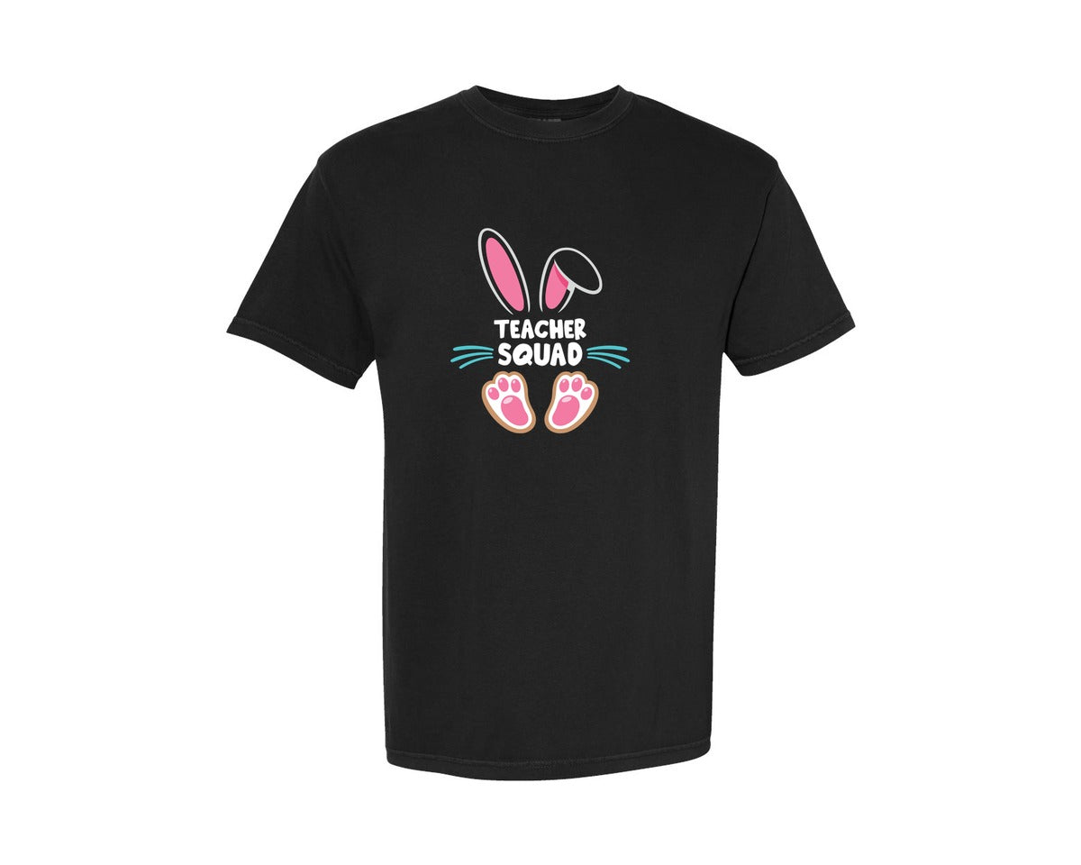 brand:Comfort Colors|color:Black|Teacher Squad Easter Bunny Design Graphic T-Shirt