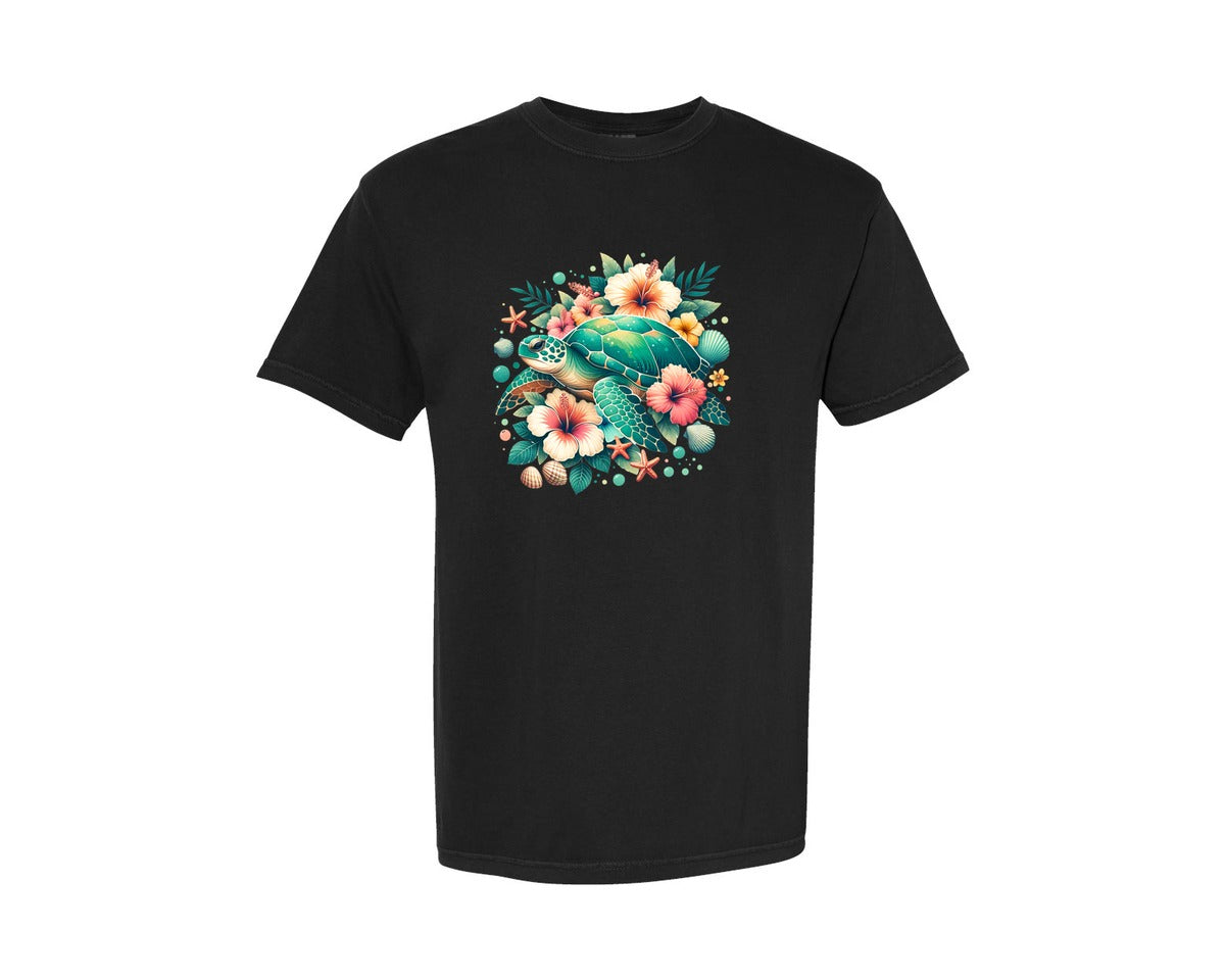 brand:Comfort Colors|color:Black|Ocean Turtle Tropical Flowers Graphic T-Shirt