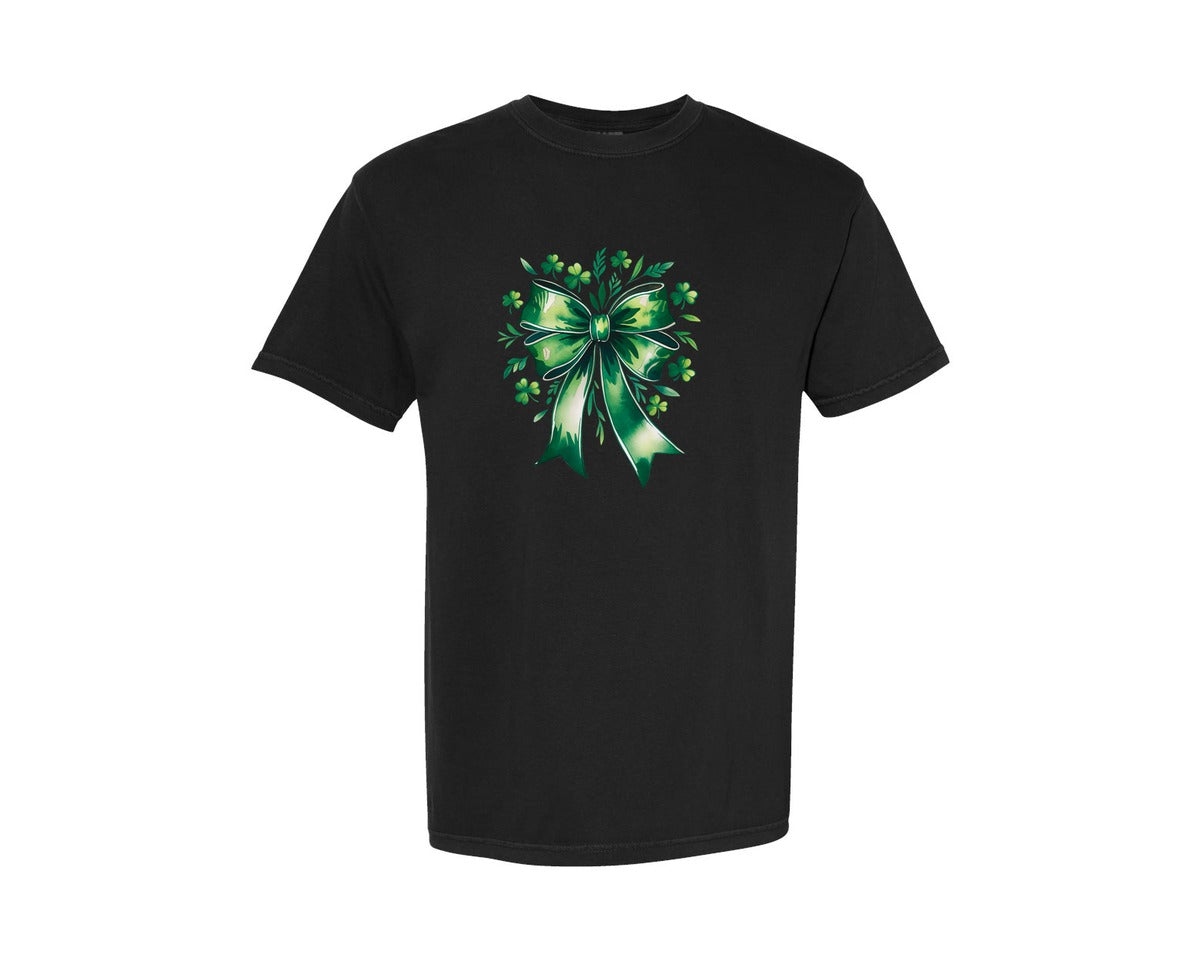 brand:Comfort Colors|color:Black|St Patricks Day Green Shamrock Bow 3 Graphic T-Shirt