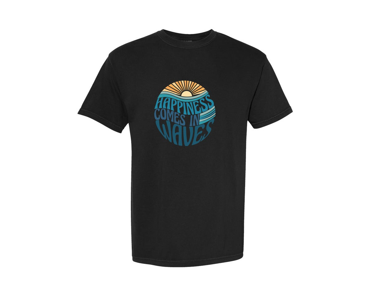 brand:Comfort Colors|color:Black|Happiness Comes In Waves Summer Beach Graphic T-Shirt