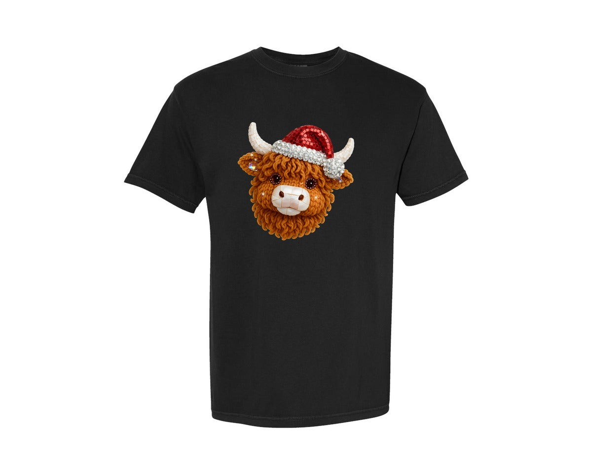 brand:Comfort Colors|color:Black|Rhinestone Highland Cow Christmas 2 Graphic T-Shirt
