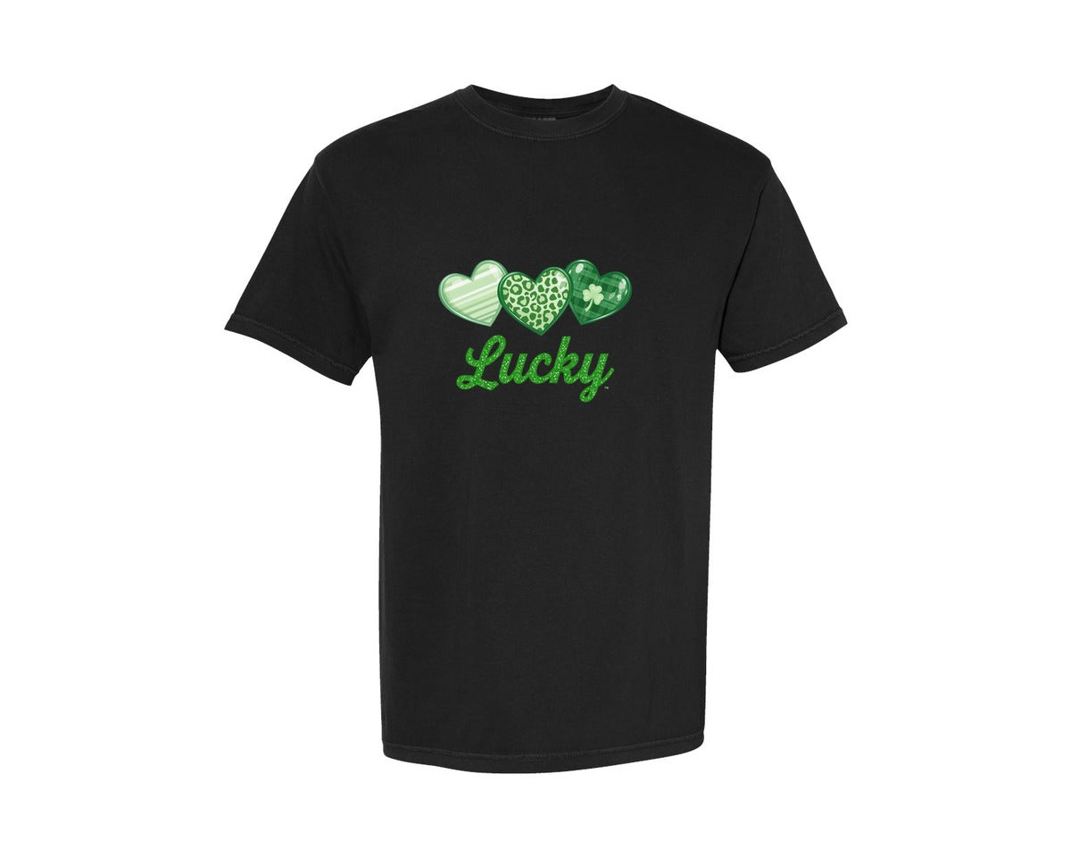 brand:Comfort Colors|color:Black|Lucky Shamrock Heart St Patricks Day 3 Graphic T-Shirt