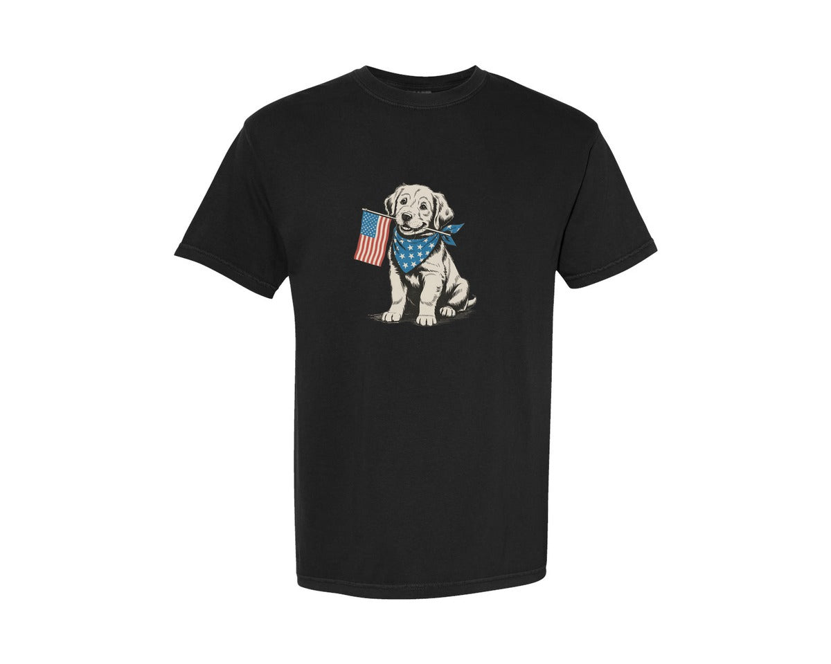 brand:Comfort Colors|color:Black|4Th Of July Patriotic Puppy Usa Flag Graphic T-Shirt