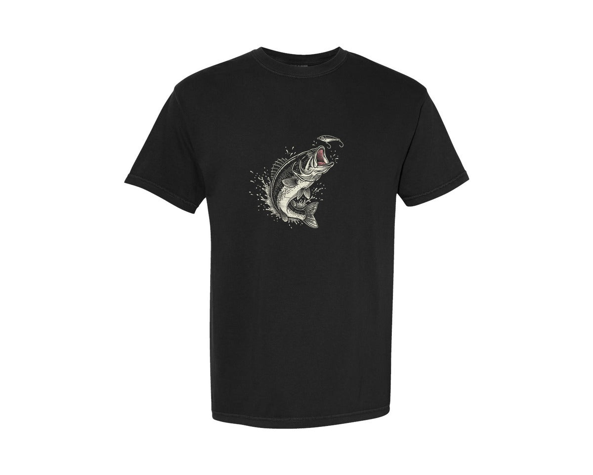 brand:Comfort Colors|color:Black|Vintage Bass Fish Splashing With Lure Graphic T-Shirt