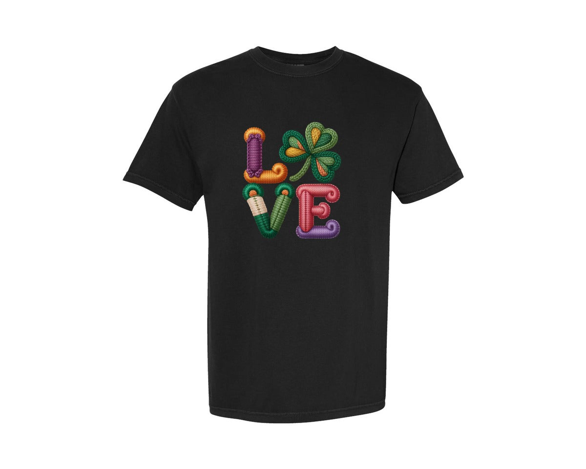 brand:Comfort Colors|color:Black|Crochet Shamrock Love St Patricks Graphic T-Shirt