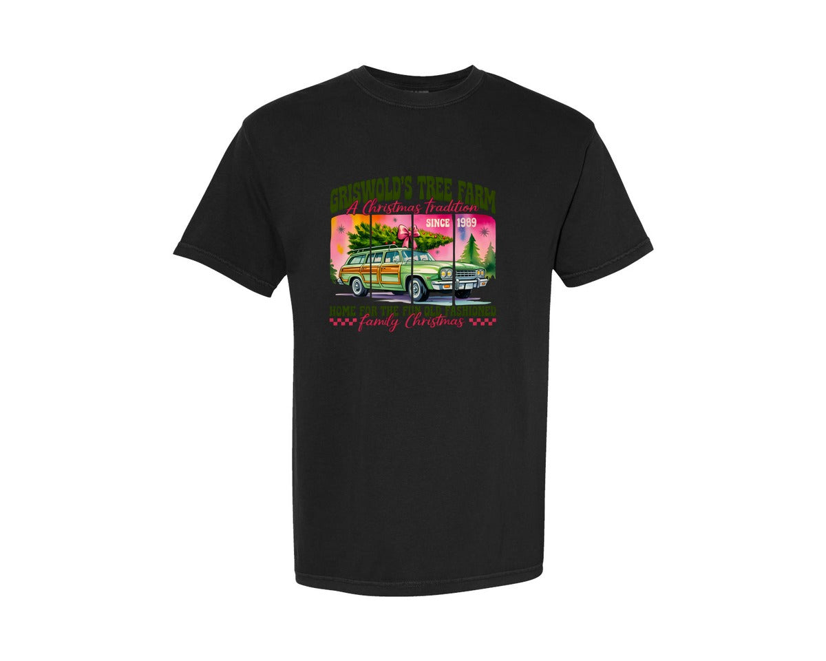 brand:Comfort Colors|color:Black|Griswolds Tree Farm Christmas Tree Graphic T-Shirt