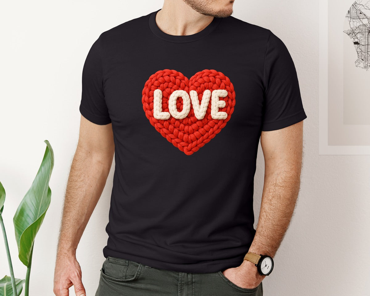brand:Bella Canvas|color:Black|Faux Crochet Love Valentine Graphic T-Shirt