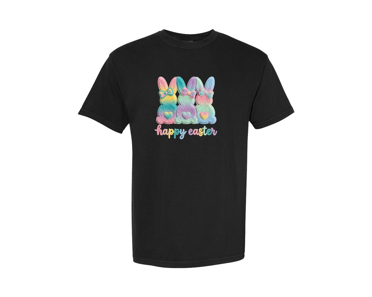 brand:Comfort Colors|color:Black|Faux Yarn Happy Easter Bunnies Graphic T-Shirt