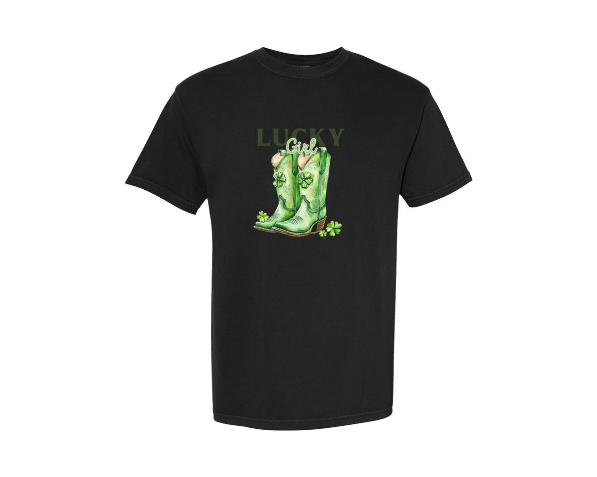 brand:Comfort Colors|color:Black|Lucky Girl St Patrick S Day Cowboy Graphic T-Shirt