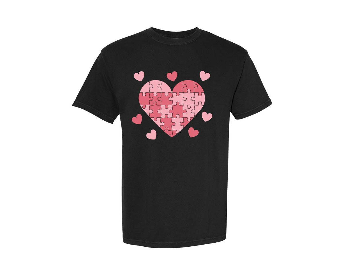 brand:Comfort Colors|color:Black|Pink Heart Puzzle Love Illustration Graphic T-Shirt