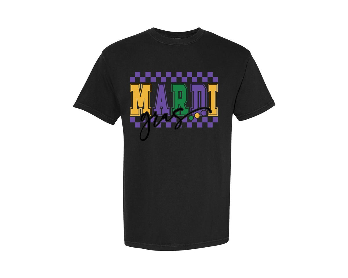 brand:Comfort Colors|color:Black|Retro Checkered Mardi Gras 2 Graphic T-Shirt