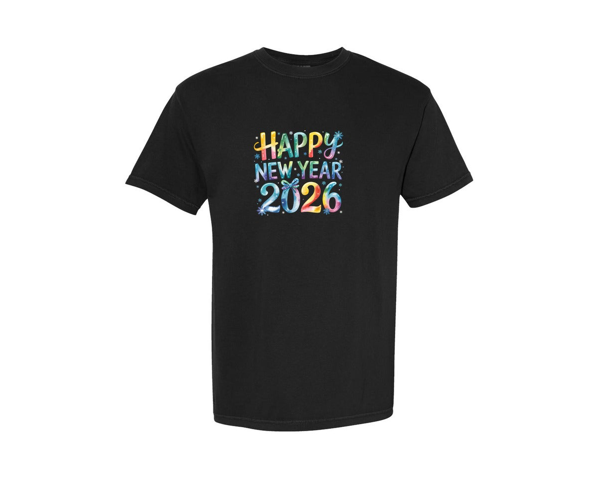 brand:Comfort Colors|color:Black|Watercolor Happy New Year 2026 Shirt Graphic T-Shirt