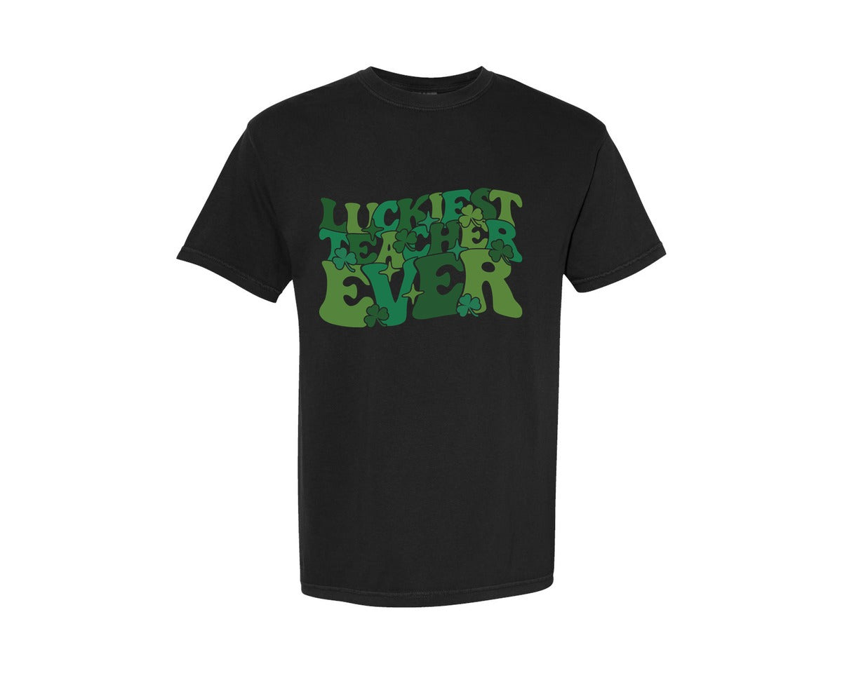 brand:Comfort Colors|color:Black|Retro Lucky Teacher St Patricks Day Graphic T-Shirt