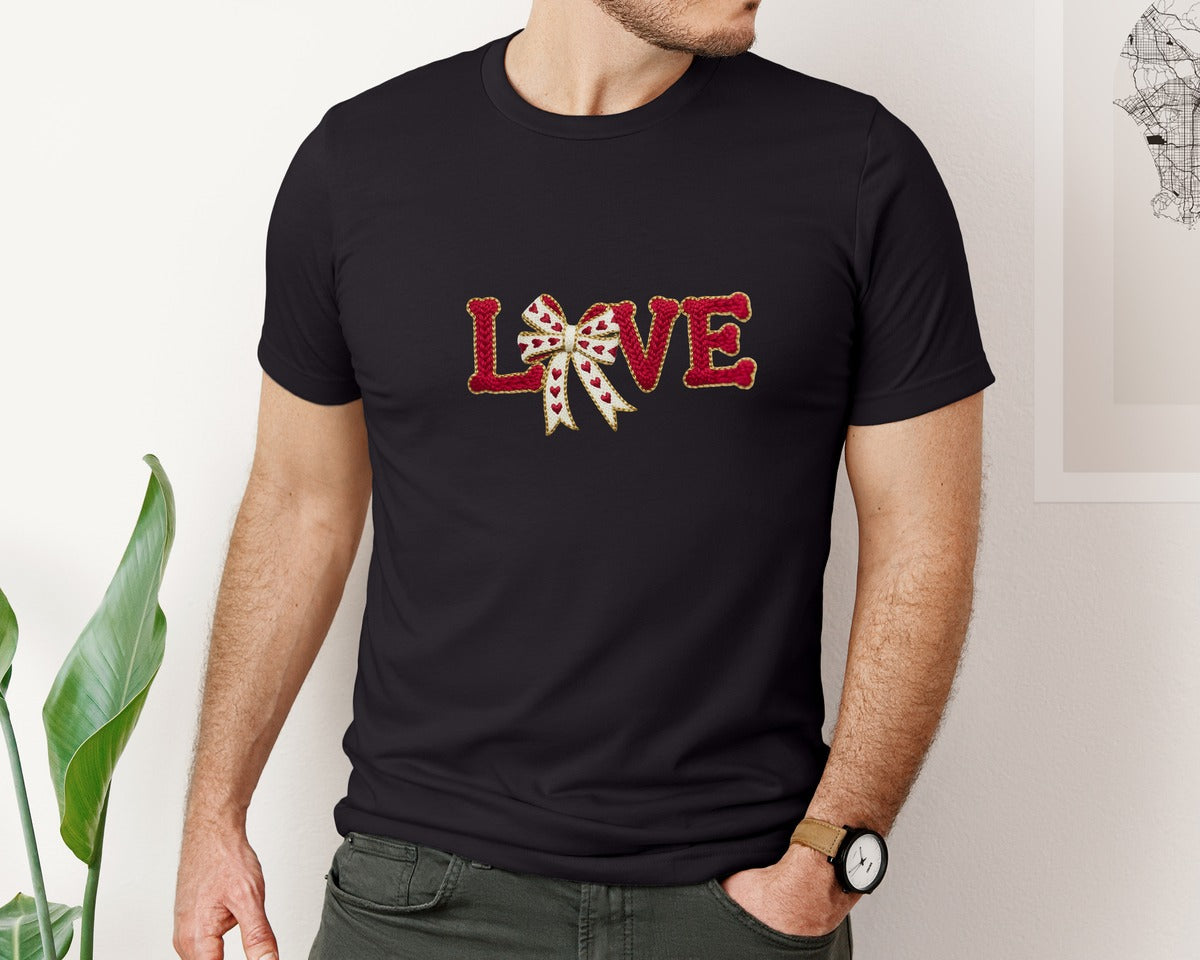 brand:Bella Canvas|color:Black|Valentines Day Love Faux Knitted Graphic T-Shirt