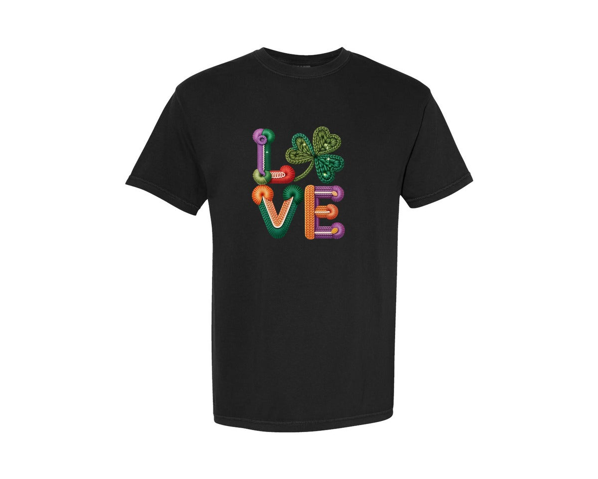brand:Comfort Colors|color:Black|Faux Yarn Shamrock Love St Patricks Graphic T-Shirt