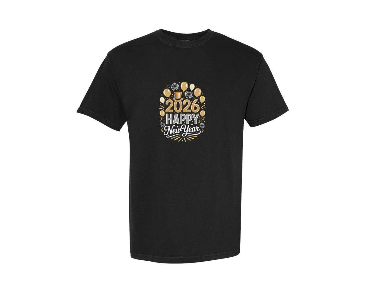 brand:Comfort Colors|color:Black|2026 Happy New Year Balloons And Firewor Graphic T-Shirt