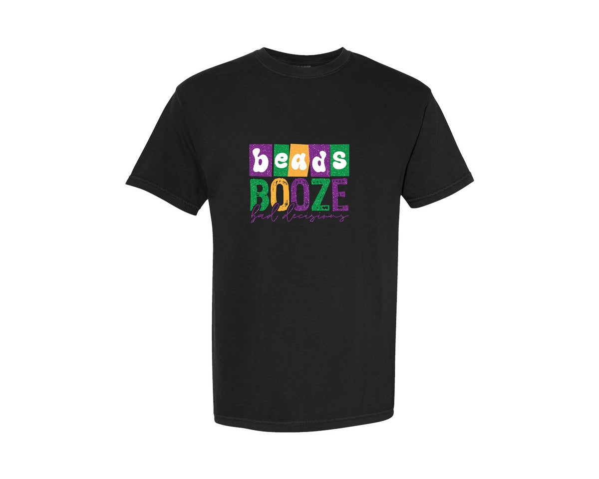 brand:Comfort Colors|color:Black|Mardi Gras Pngbeads Booze Bad Decisions Graphic T-Shirt