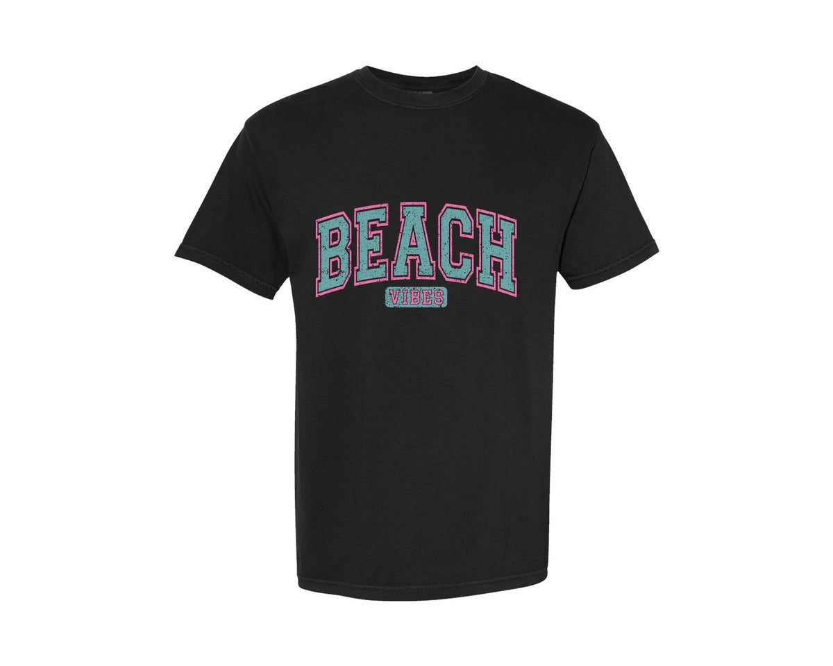 brand:Comfort Colors|color:Black|Summer Beach Vibes Vacation Varsity Graphic T-Shirt