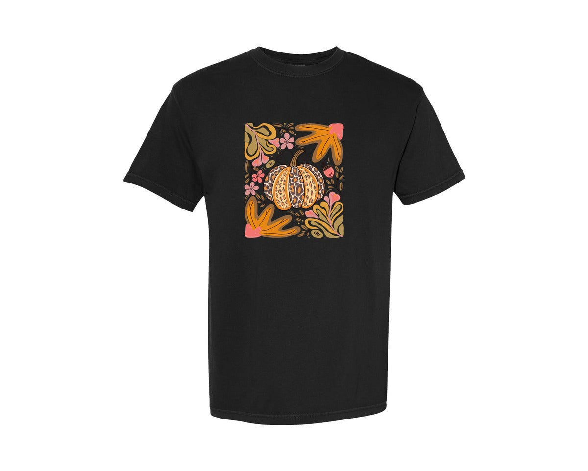 brand:Comfort Colors|color:Black|Boho Fall Pumpkin Floral Fall Graphic T-Shirt