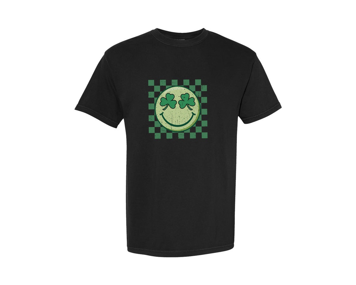 brand:Comfort Colors|color:Black|St Patricks Day Shamrock Smiley Graphic T-Shirt
