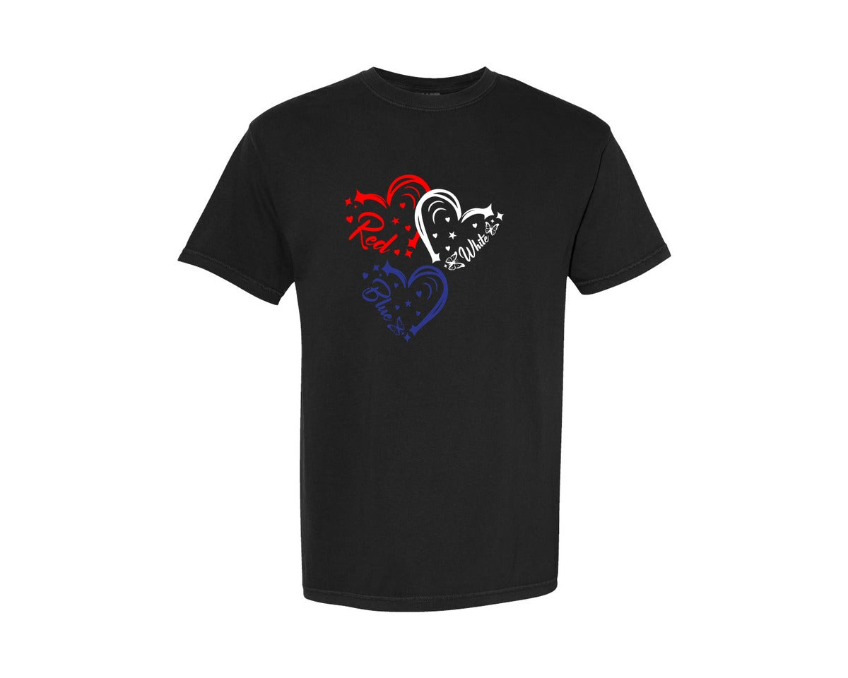 brand:Comfort Colors|color:Black|Red White Blue Heart 4Th Of July Graphic T-Shirt