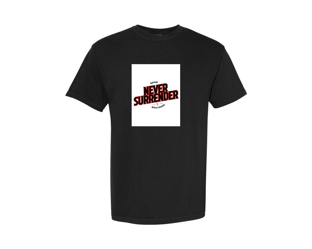 brand:Comfort Colors|color:Black|Never Surrender Never Back Down Faith Graphic T-Shirt