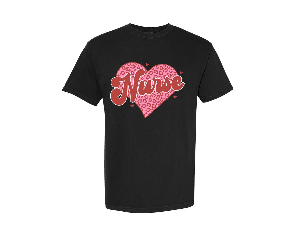 brand:Comfort Colors|color:Black|Nurse Valentine Retro Leopard Graphic T-Shirt