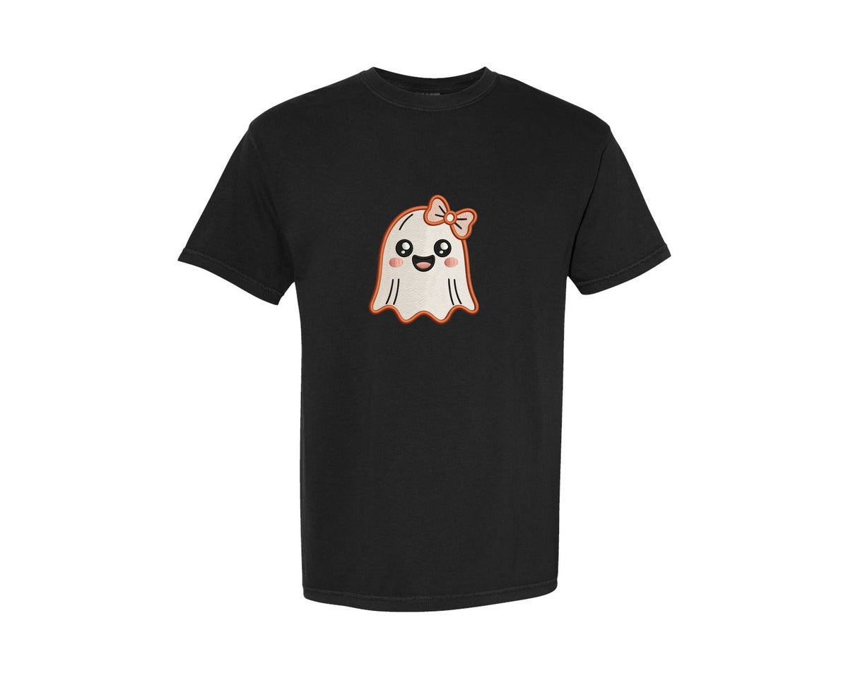 brand:Comfort Colors|color:Black|Happy Cute Ghost Embroidery Graphic T-Shirt