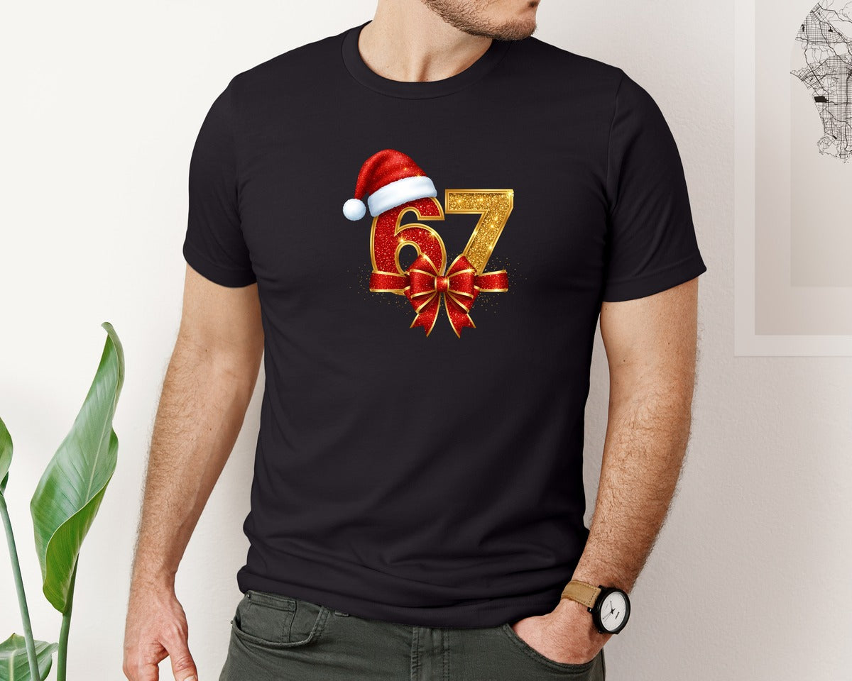 brand:Bella Canvas|color:Black|Christmas Glitter 67 Santa Hat Bow Graphic T-Shirt