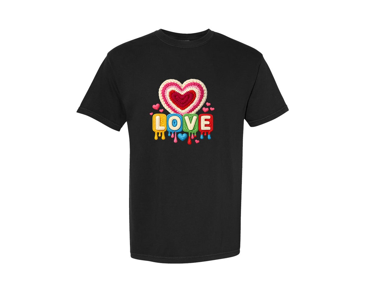 brand:Comfort Colors|color:Black|Faux Yarn Crochet Love Valentines Day 22 Graphic T-Shirt