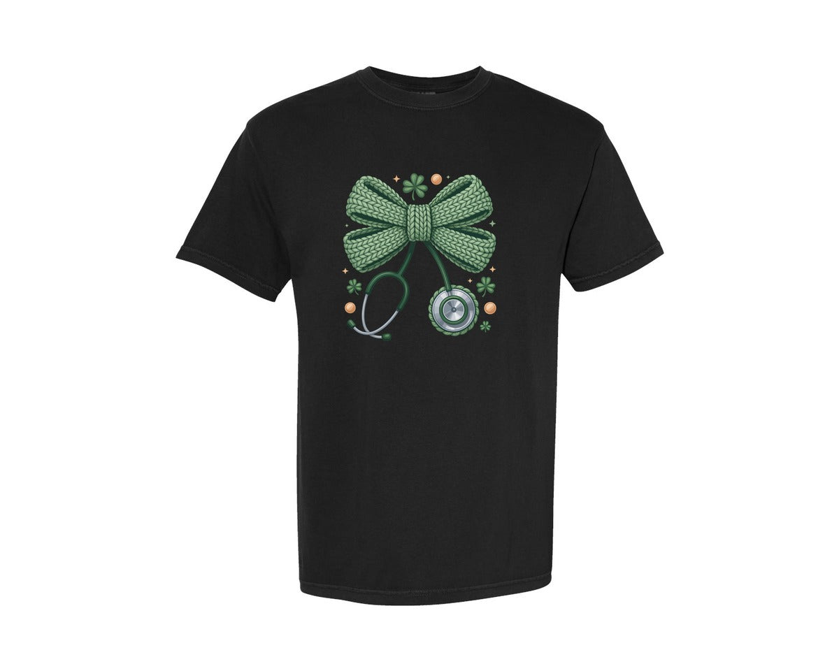 brand:Comfort Colors|color:Black|Faux Yarn St Patricks Day Nurse Bow Graphic T-Shirt